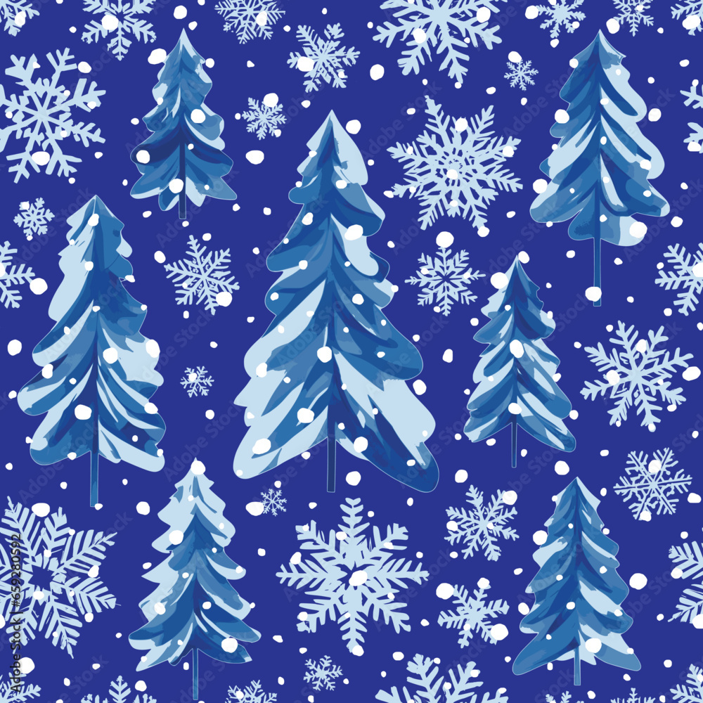 Seamless pattern, fir trees and snowflakes, vector background on a winter theme