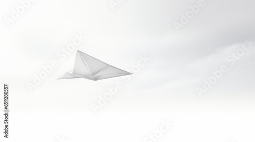 A playful and adventurous image of a white paper airplane flying in a cloudy sky. The paper airplane is in the center of the image and is flying towards the right side of the image. The background is