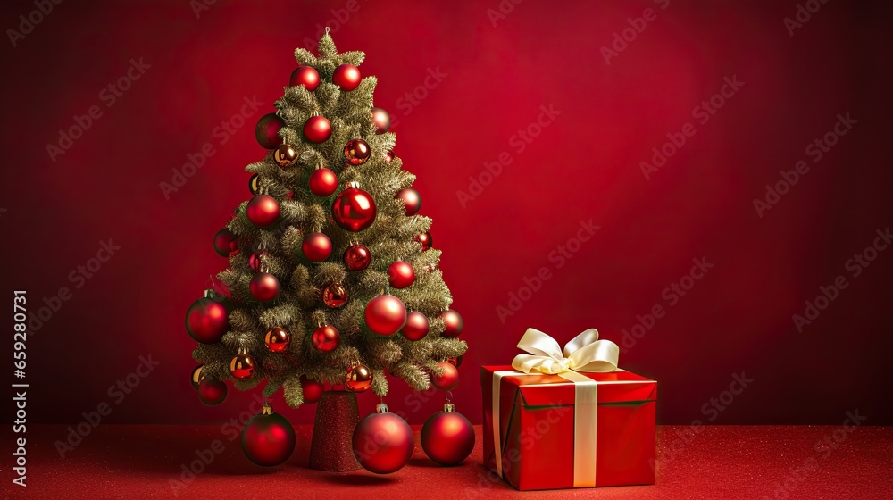 Portrait Christmas tree with gift box on the red background Ai Generative