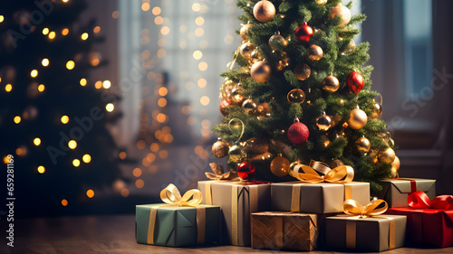 A Christmas tree, decorated with many colorful gift boxes fills a warm room.