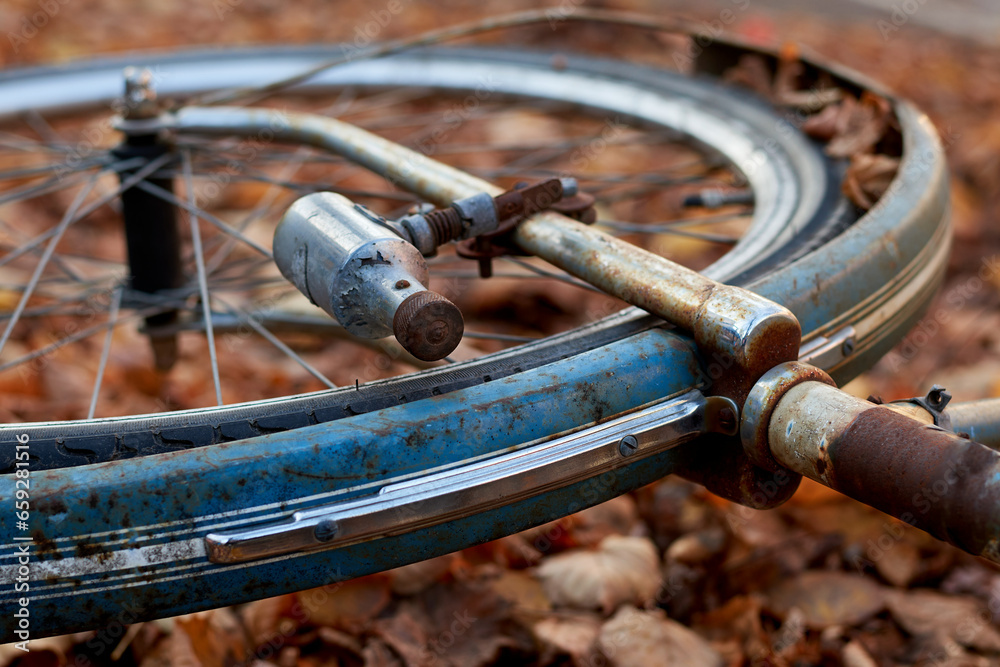 The front wheel of an old rusty bike laying in autumn leaves with the dynamo in focus