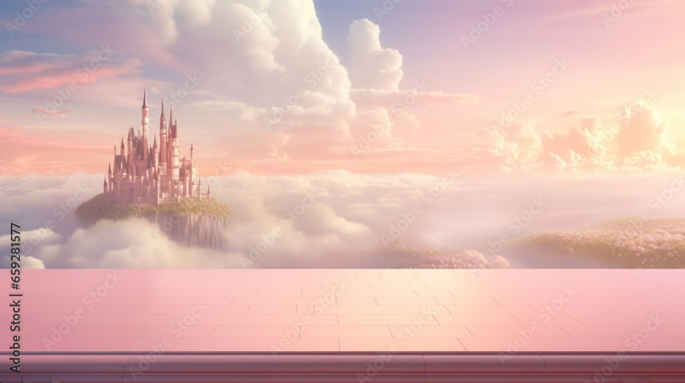 Fototapeta premium Empty table against a backdrop of soft pink clouds and a pastel fairytale castle in the distance