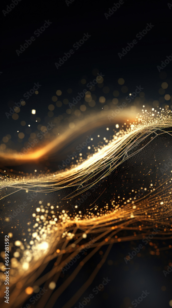 Fototapeta premium Futuristic abstract background with golden glowing particles and waves