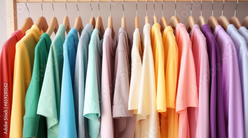 Colorful clothes on clothing rack © tashechka
