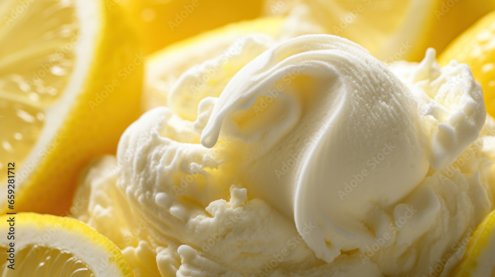 Light yellow ice cream balls with lemon close up Light yellow ice cream balls with lemon close up