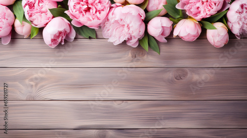 Decorative floral backgro, banner made of pink and white peonies flowers. Old grey wooden table background. Empty copy space. Flat lay, top view. Picture for blog. Summer wedding or birthday concept © PNG