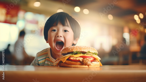 Happy boy in a street cafe with burger