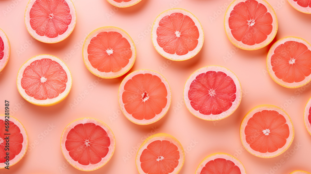Creative pattern made of sliced grapefruits on pink background. Flat lay, top view Creative pattern made of sliced grapefruits on pink background. Flat lay, top view
