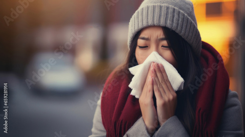 Young asian woman on a winter coat suffering from allergies or the flu blows her nose or sneezes into a handkerchief.