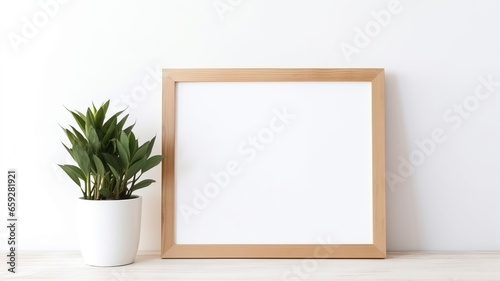 Empty wooden frame on white background, mockup, minimalist