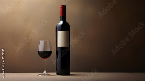 Red wine bottle with a glass on a simple brown empty background