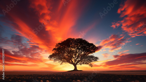 Tree silhouette stands tall against colorful evening sky © tashechka