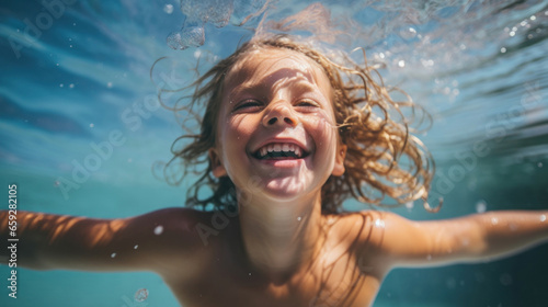 Close up little girl swimming in the pool and having fun. © tashechka