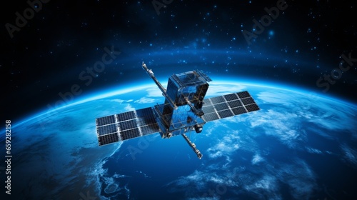 Applications Using Remote Sensing A satellite captures data from the Earth surface, demonstrating the possibilities of remote sensing technology in a variety of businesses.