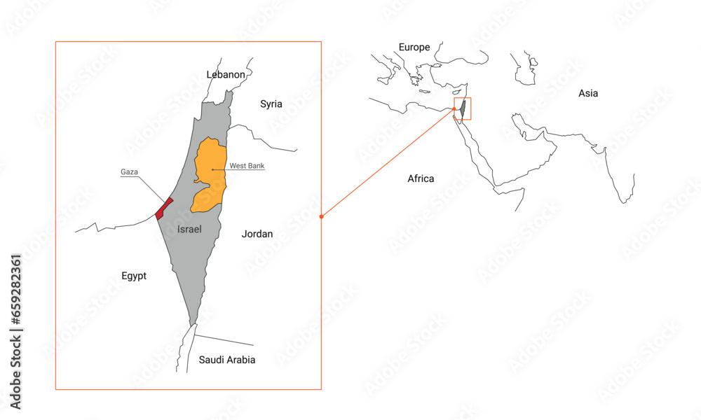 Line map symbols of Israel-Palestine that specifies the Gaza and West Bank areas. A location in the Middle East that borders another country.