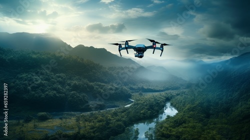 A drone capturing aerial footage of natural landscapes, demonstrating the use of technology in environmental conservation and research. photo