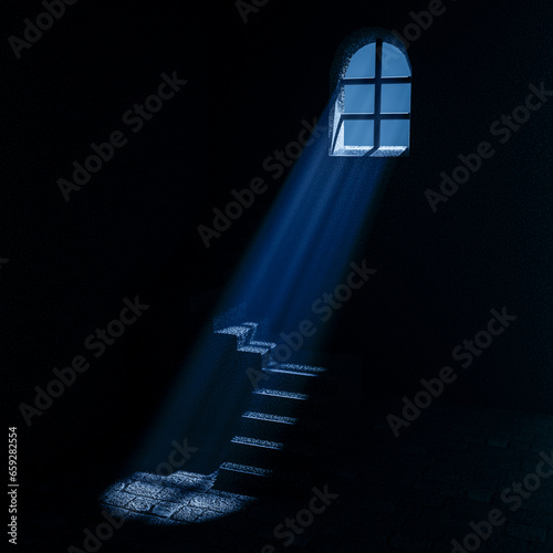 Inside an old stone castle at night in the moonlight.