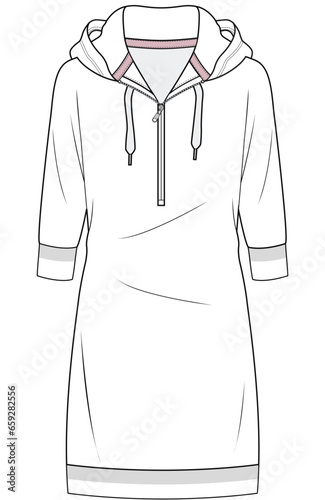 girls hooded sweat dress flat sketch vector illustration technical cad drawing template