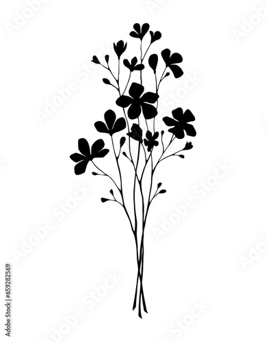 Bouquet of twigs with flowers and buds, hand-drawn, vector. Black and white botanical illustration of a bouquet of flowers on a white background. An element for a holiday, decoration, postcards, invit