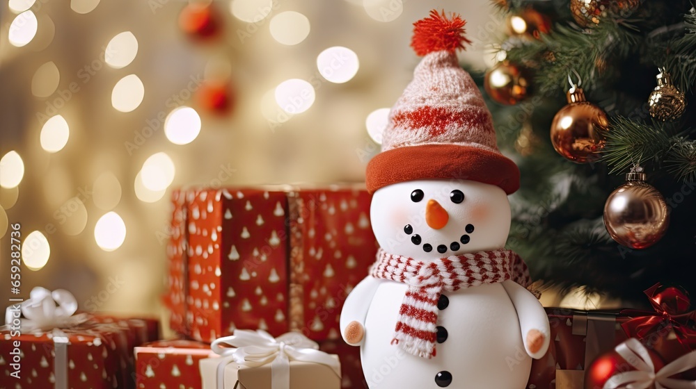 Snowman with red gift box on the living room AI Generative Snowman with red gift box on the living room AI Generative
