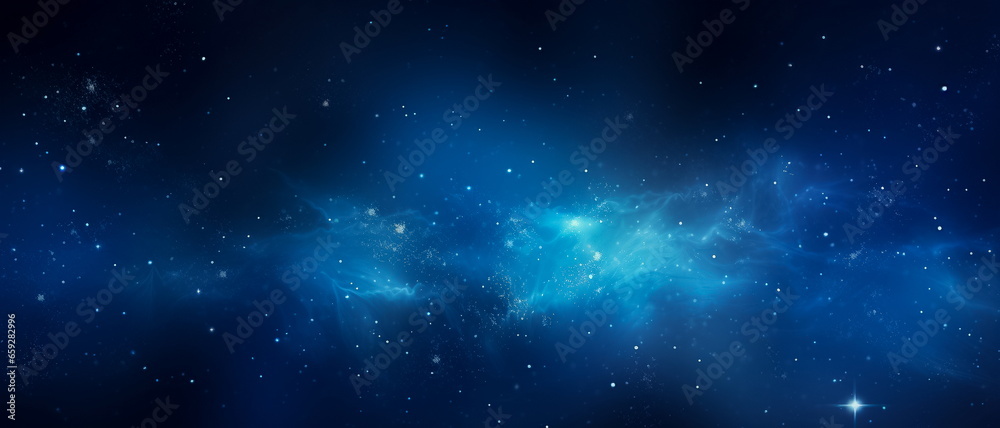 Space background with realistic nebula and glitter star. Deep cosmos stardust. Realistic starry sky with blue glow. Shining stars in the dark sky