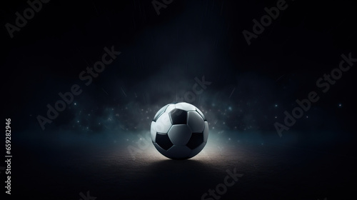 Football or Soccer with spotlight and fade-out shadow in the dark background. Copy space. Sport and game concept. 3D illustration rendering photo