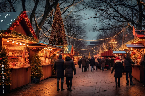 people walking in the holiday markets, Festive Bazaars: Vibrant Christmas Markets Bursting with Colorful Stalls, Twinkling Lights, and Joyful Shoppers in Holiday Cheer, Christmas, Winter. photo