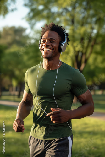 Sports and physical education as a lifestyle. Young African American athlete during jogging workout in city park. Jogging workout with your favorite music with online app. Vertical photo.