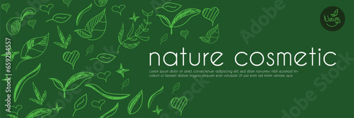 Green nature beauty cosmetic pattern, eco cosmetics concept for bio cosmetics banner. Vector icons of heart. Eco-friendly seamless background. Natural pattern and logo for beauty care. label tag