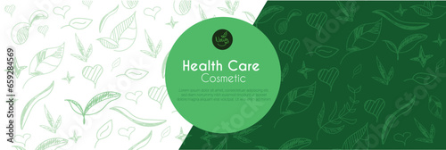 Green nature beauty cosmetic pattern, eco cosmetics concept for bio cosmetics banner. Vector icons of heart. Eco-friendly seamless background. Natural pattern and logo for beauty care. label tag