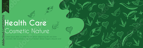 Green nature beauty cosmetic pattern, eco cosmetics concept for bio cosmetics banner. Vector icons of heart. Eco-friendly seamless background. Natural pattern and logo for beauty care. label tag