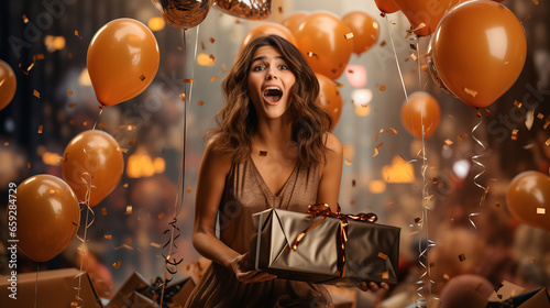 Excited charming woman with loose hair wearing sparkle holiday golden dress and holding gift,  celebrating birthday with balloons over dark background, party birthday Christmas celebration concept photo