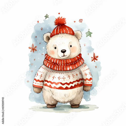 Vector watercolor winter bear in sweater and red hat, scarf design for new year card, merry christmas card, cute bear character isolated on white