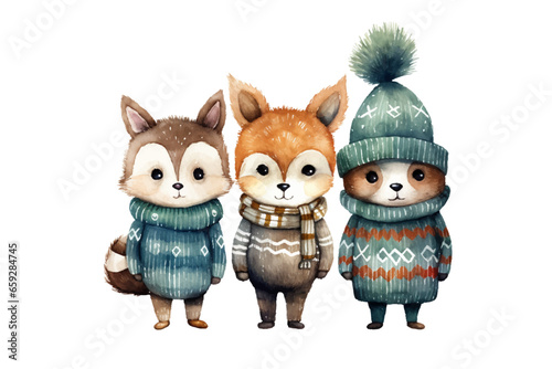 Vector watercolor winter bear fox wolf racoon in sweater and red hat, scarf design for new year card, merry christmas card, cute bear character isolated on white winter friends animals trendy 