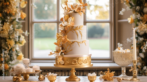 Wedding cake design, autumnal dessert styling and holiday decoration, multi-tier cake for an autumn event venue, food catering service and elegant country decor, cottage style