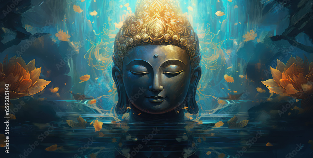 the painting of buddha golden statue decorated with lotus blossoms - obrazy, fototapety, plakaty 