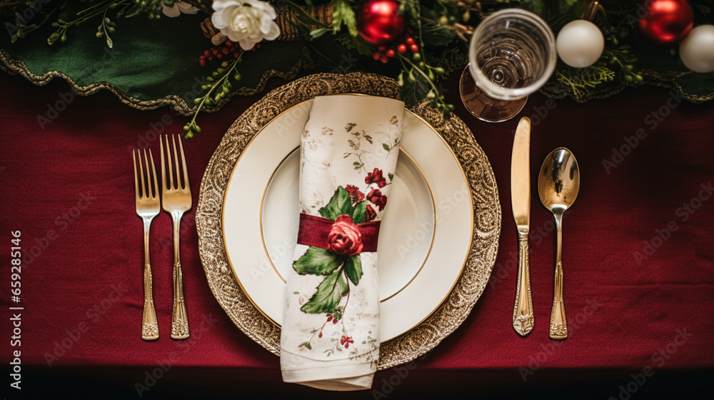 Table decor, holiday tablescape and formal dinner table setting for Christmas, holidays and event celebration, English country decoration and home styling Table decor, holiday tablescape and formal dinner table setting for Christmas, holidays and event celebration, English country decoration and home styling