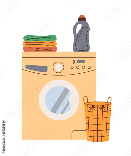 Washer, laundry basket, washing powder for bathroom and interior design.