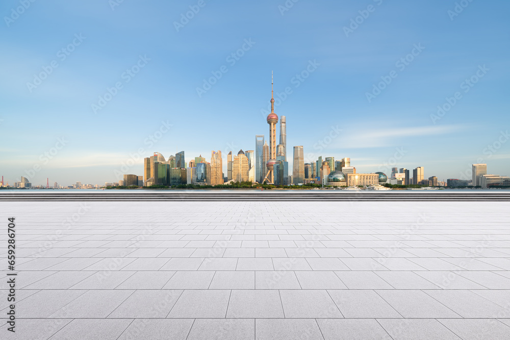 financial district buildings of shanghai and empty floor in sunny day