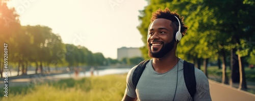 Young African American man during a walk in the summer park to his favorite music. Alone with yourself away from the noise of the big city.