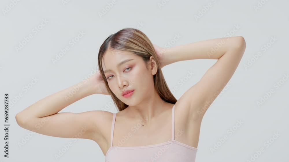 Asian beauty woman smile happily with armpit - hair removal concept Asian beauty woman smile happily with armpit - hair removal concept