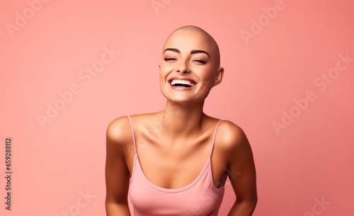 Studio portrait of a happy cancer patient against a pink background. Capture candid moments of breast cancer survivors looking hopeful and positive about their future.