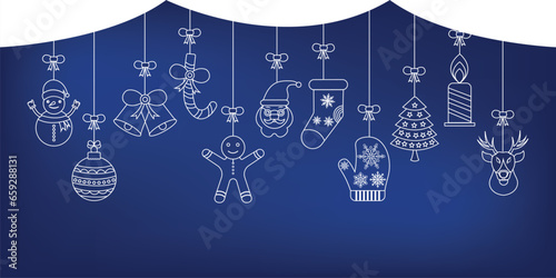 Christmas banner line icon Hanging element blue background photo