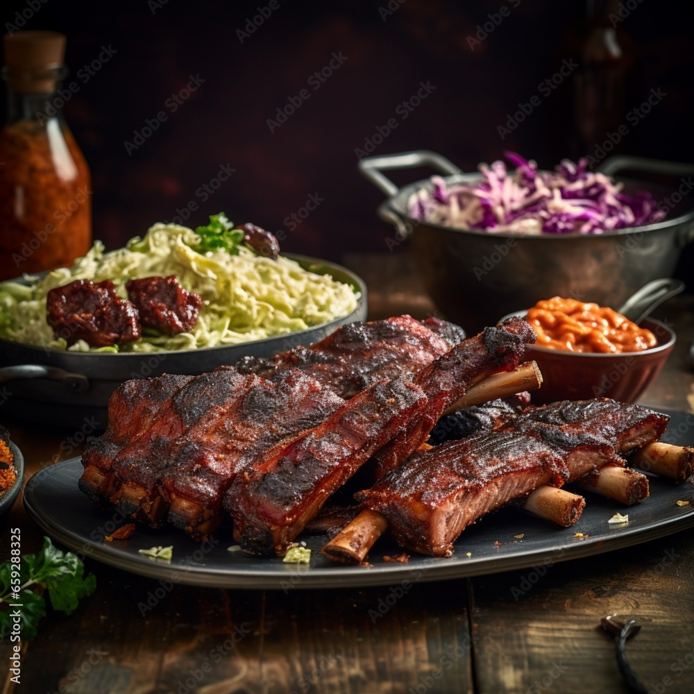 BBQ ribs with coleslaw and cornbread, Generative AI.