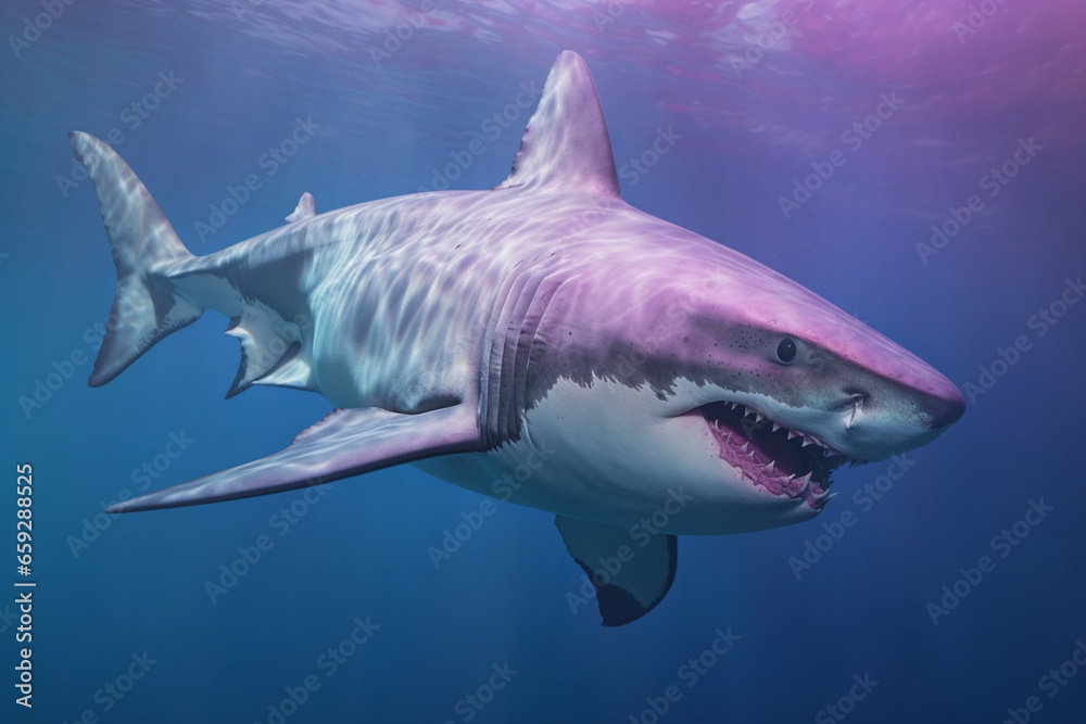Fototapeta premium A pastel-colored Megalodon with a majestic mane, rendered in soft hues of pink, purple, and blue, exuding a serene and regal presence.