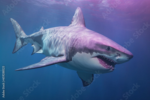 A pastel-colored Megalodon with a majestic mane  rendered in soft hues of pink  purple  and blue  exuding a serene and regal presence.