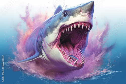A pastel-colored Megalodon with a majestic mane, rendered in soft hues of pink, purple, and blue, exuding a serene and regal presence. 