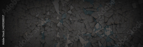 Dark wide panoramic background. Peeling paint on a concrete wall. Dark grunge texture of old cracked flaking paint. Weathered rough painted surface. Patterns of cracks. Darkness background for design.