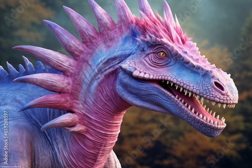 A pastel-colored Spinosaurus with a majestic mane  rendered in soft hues of pink  purple  and blue  exuding a serene and regal presence. 