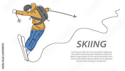 Skier jumps vector background, banner, poster. Ski tricks, freestyle, freeride. One continuous line art drawing illustration of ski tricks, winter sport